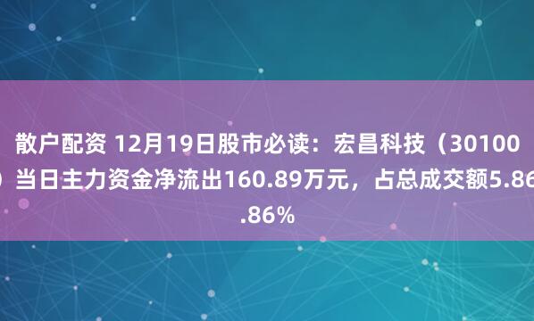 散户配资 12月19日股市必读：宏昌科技（301008）当日主力资金净流出160.89万元，占总成交额5.86%